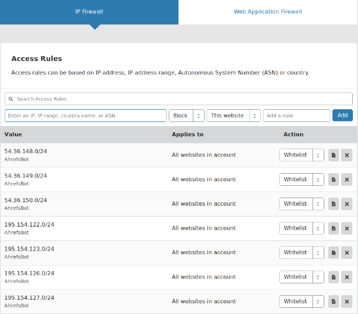cloudflare-ahrefsbot-whitelist.png Whitelisting the Ahrefs crawler IP addresses in Cloudflare
